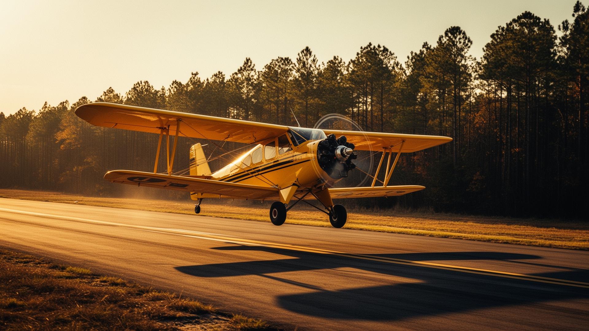Yellow taildragger taking off at golden hour from a rural Texas airstrip