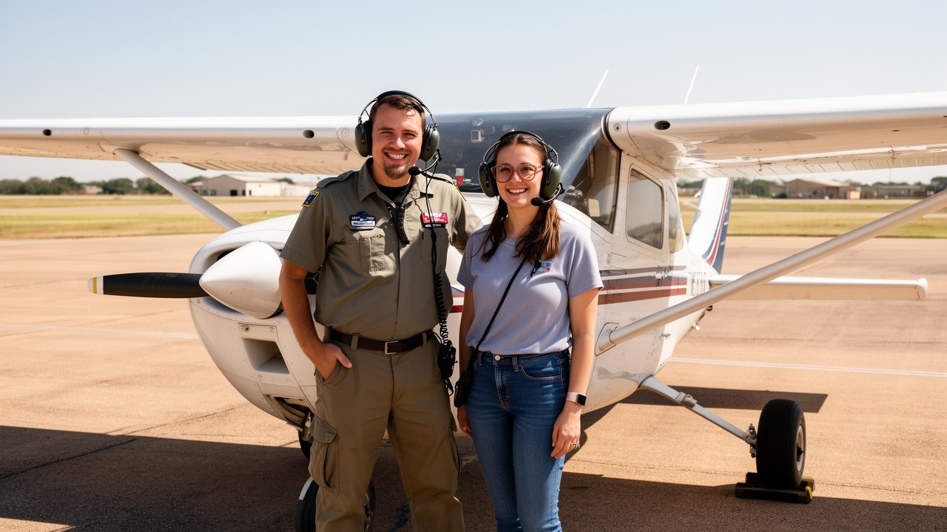 Flight instructor and student in front of a Cessna 172